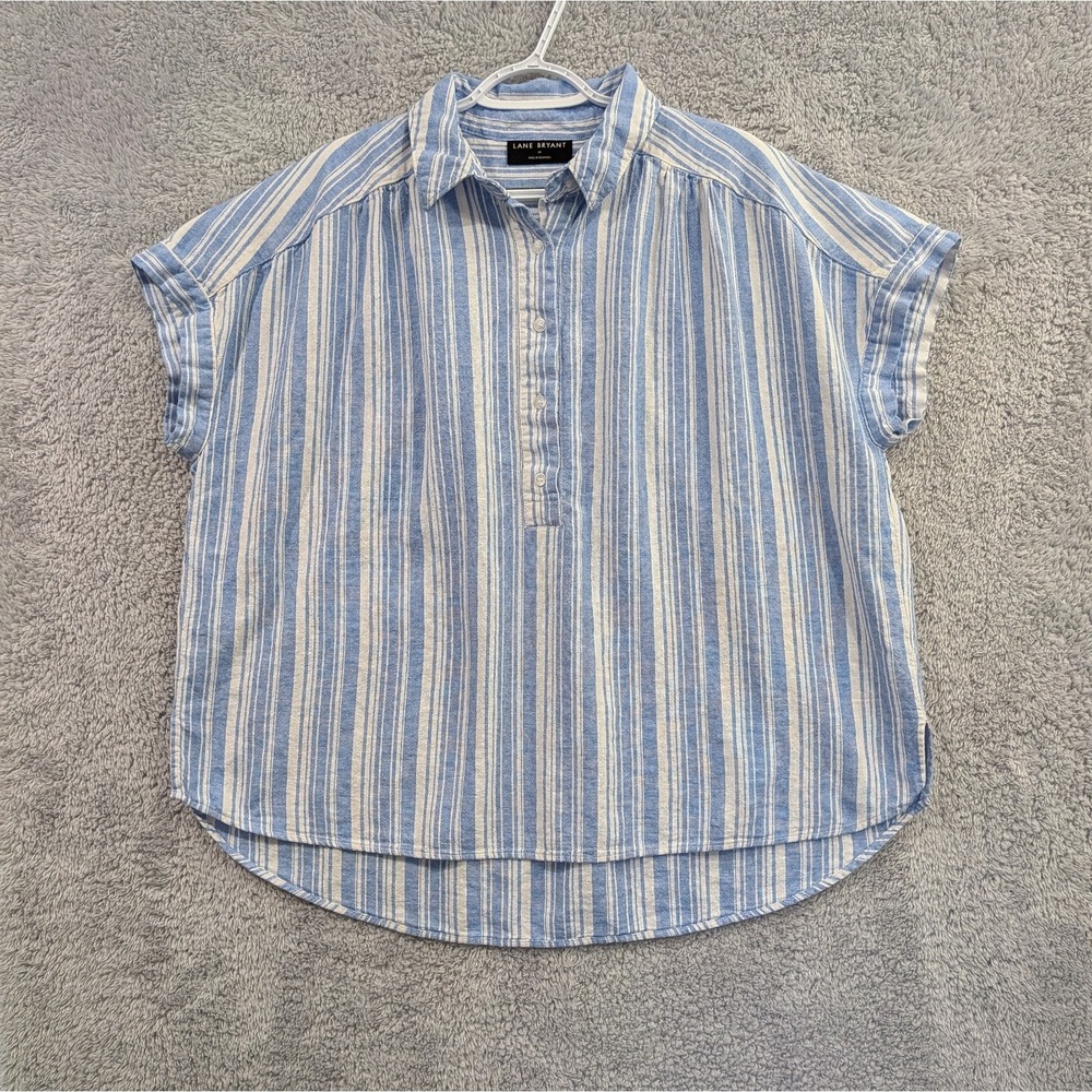 Lane Bryant Popover Blouse Womens 14 Blue White Striped Linen Blend Short Sleeve